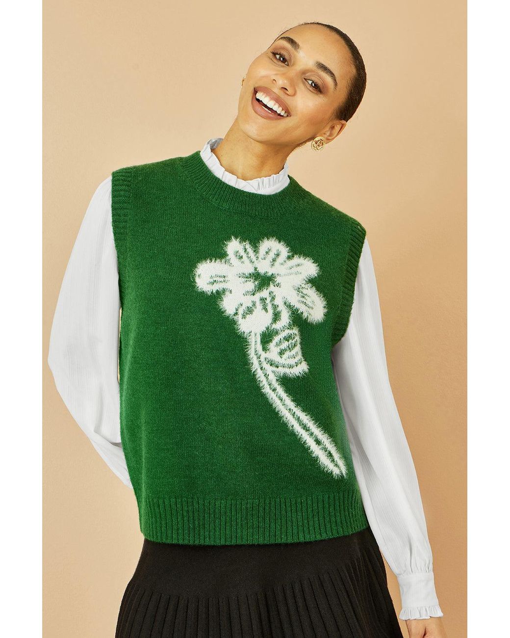 Yumi' Green Knitted Flower Sleeveless Jumper Vest