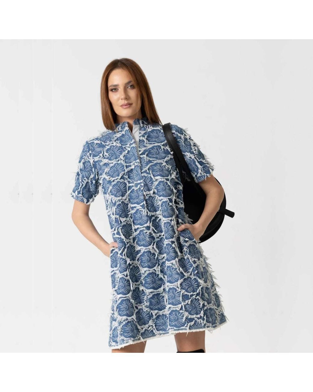 IZABELA MANDOIU Blue Light Denim Mini Dress With Floral Embroidery & Fringe