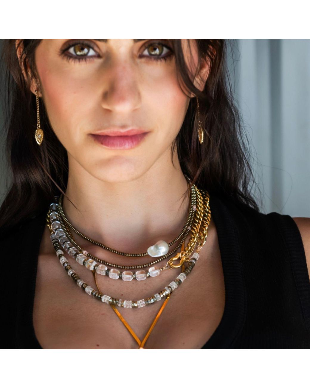 Rachel Nathan Brown Rock Quartz & Pyrite Heishi Necklace