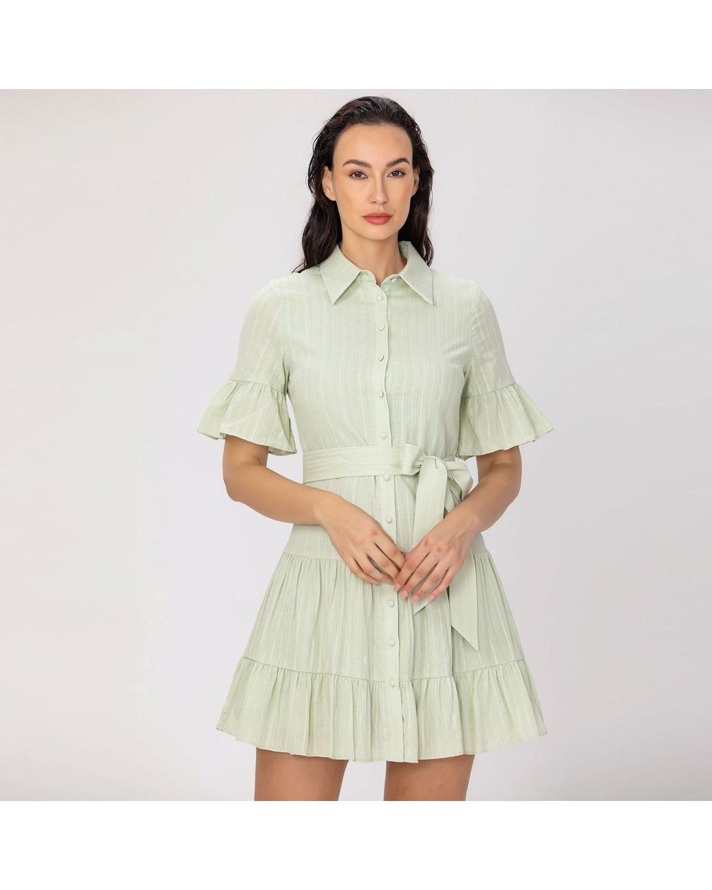 Smart and Joy Green Fit-And-Flare Tiered Ruffles Mini Shirt-Dress