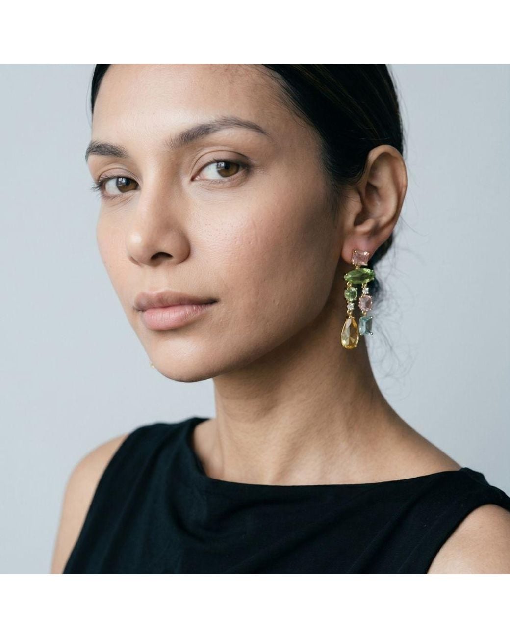 Uchi and Soto White Hanabi Mixed Stone Drop Mismatch Earrings