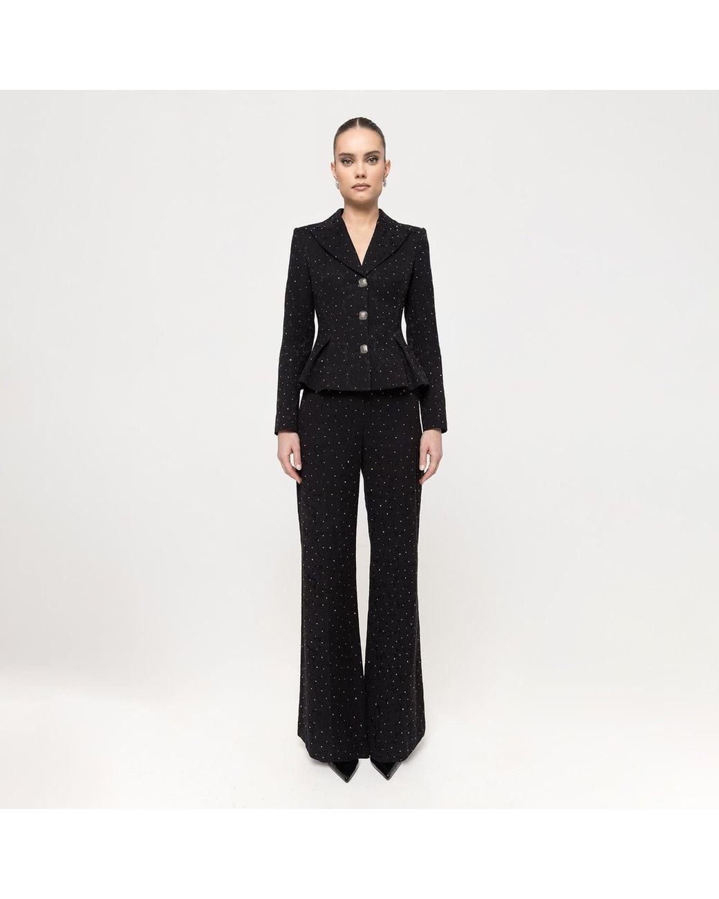 Nissa Black Rhinestone-Embellished Brocarde Blazer