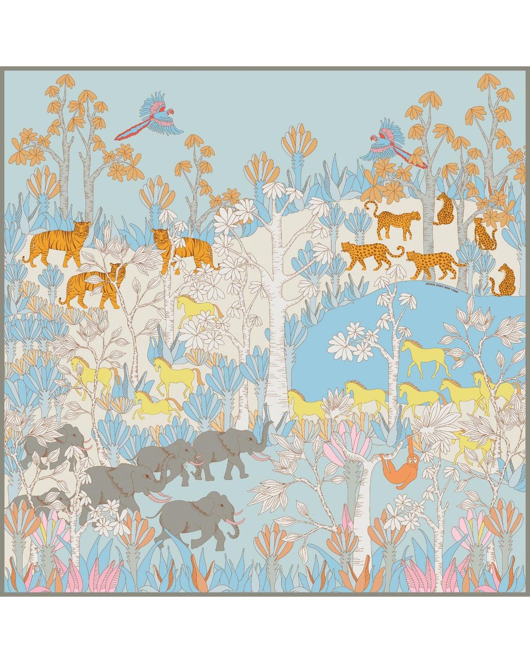 Jessie Zhao New York Blue Double Sided Silk Scarf Of Jungle Adventure