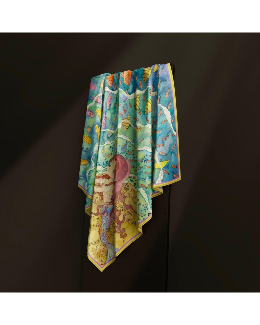 Wenzi Blue Aquatic Serenade Hand Painted Pattern Double Sided Silk Twill Scarf