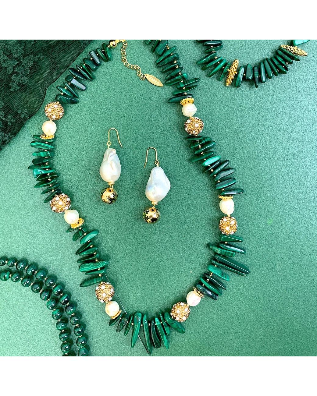 Farra Green Malachite With Freshwater Pearls And Rhinestones Statement Necklace