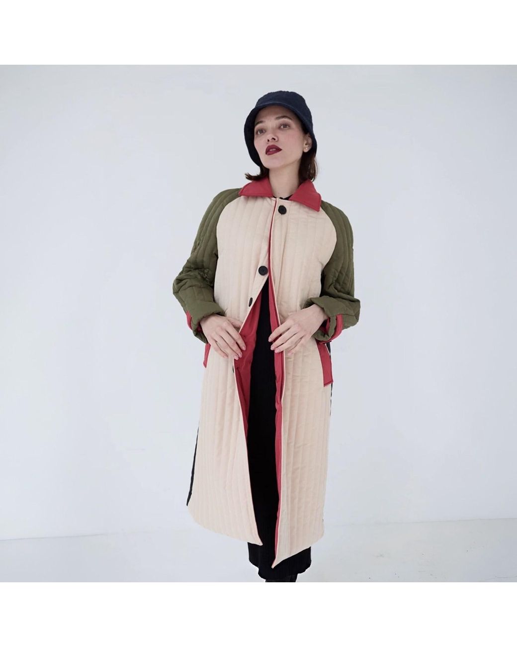 London Atelier Byproduct Pink Neutrals Khaki Patchwork Color Block Quilted Long Jacket