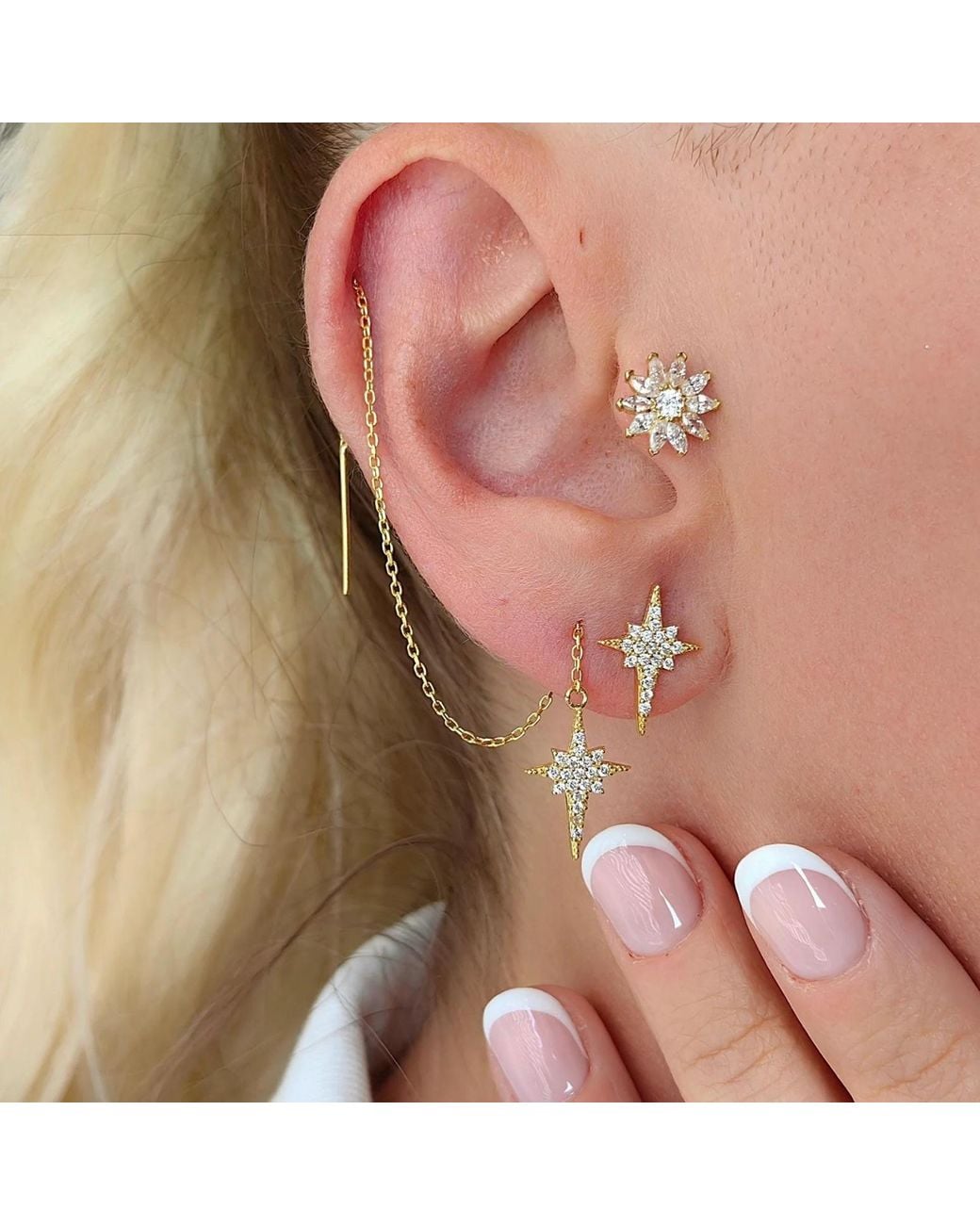 Spero London White Northernstar Starburst Sterling Chain Drop Earring