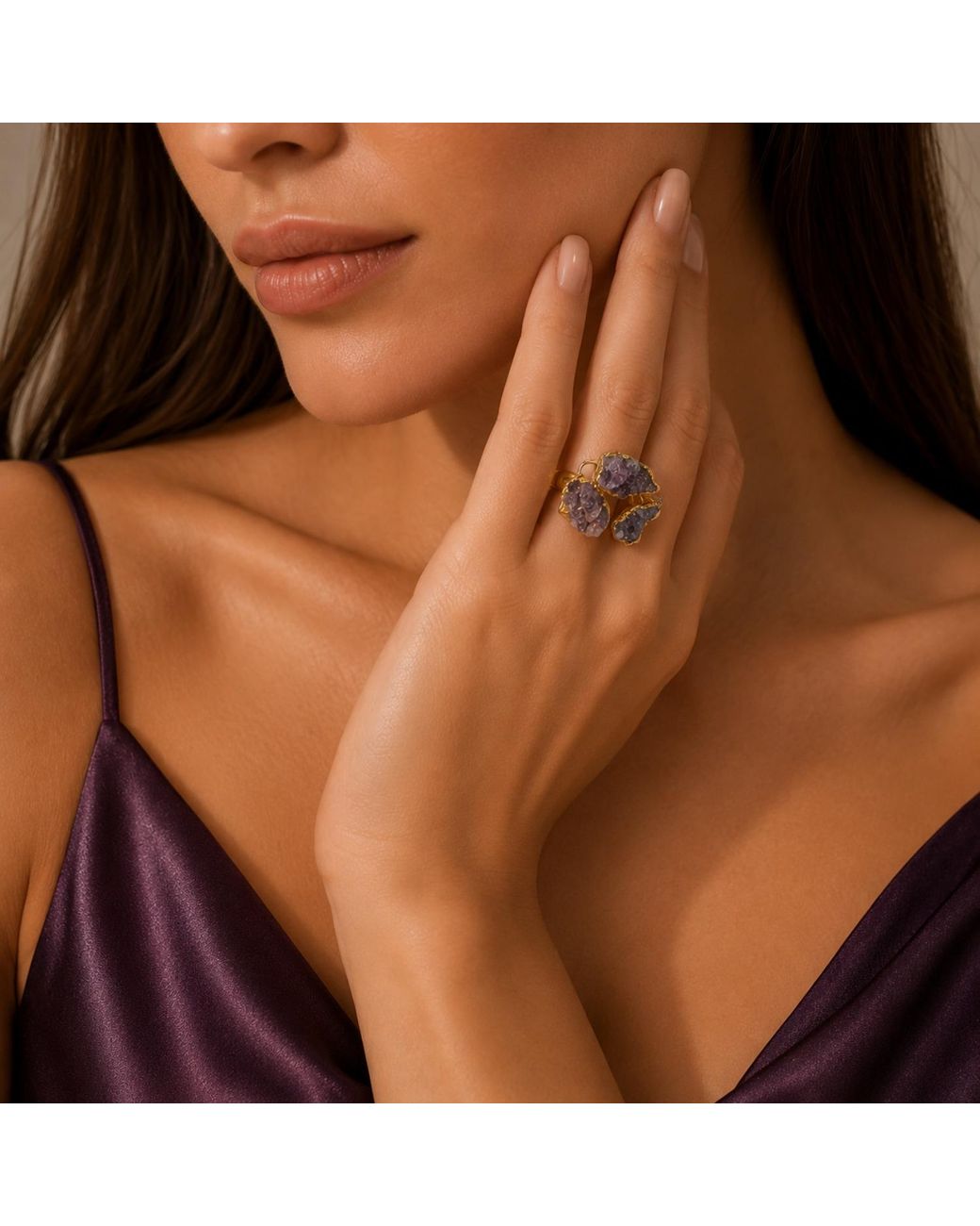 By Ozge Multicolor Amethyst Trinity Plated Adjustable Ring