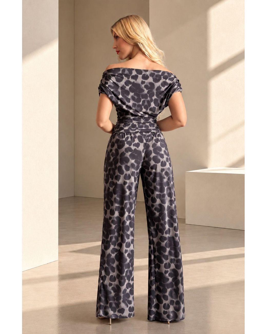 Atom Label Blue Carbon Bardot Wide Leg Jumpsuit