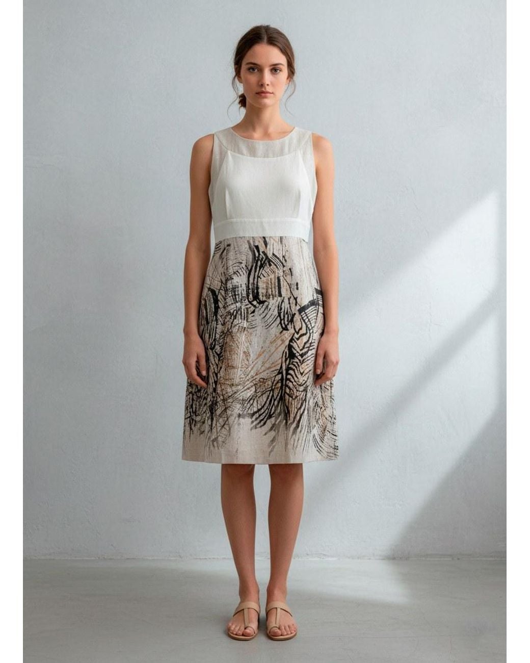 Conquista Natural Neutrals Elegant Sleeveless A-Line Dress With Artistic Nature-Inspired Print