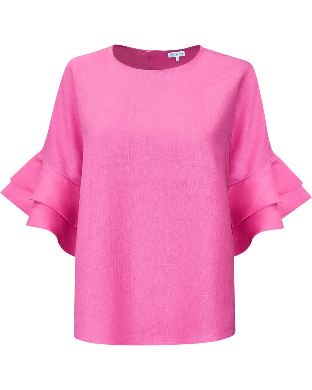 Perlavera Pink Lolan Carmina Rose Solid Linen Flare Sleeve Top