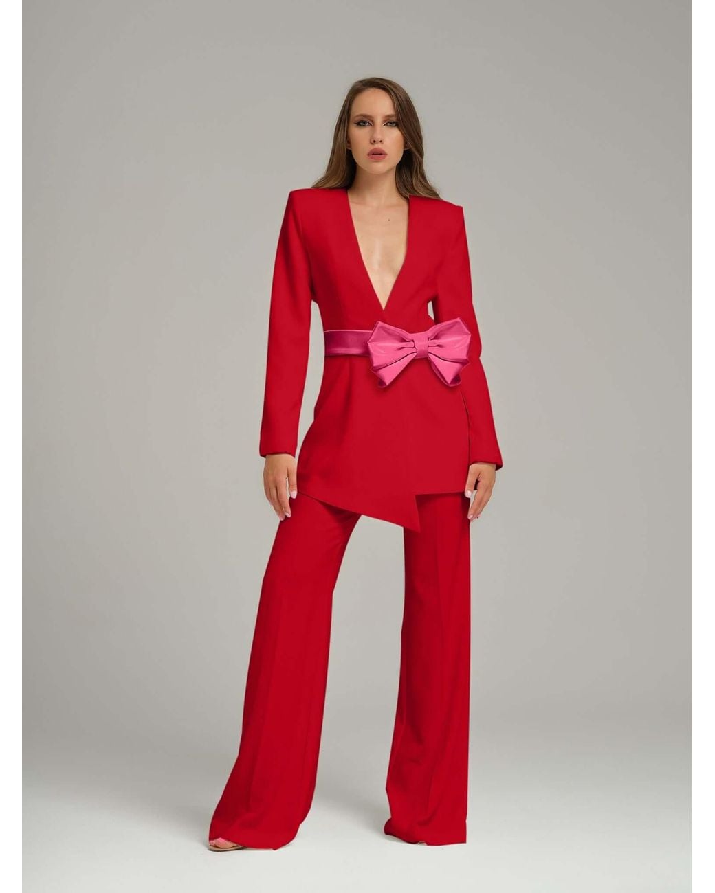 Tia Dorraine Red Pearl Blazer With Detachable Bow Belt