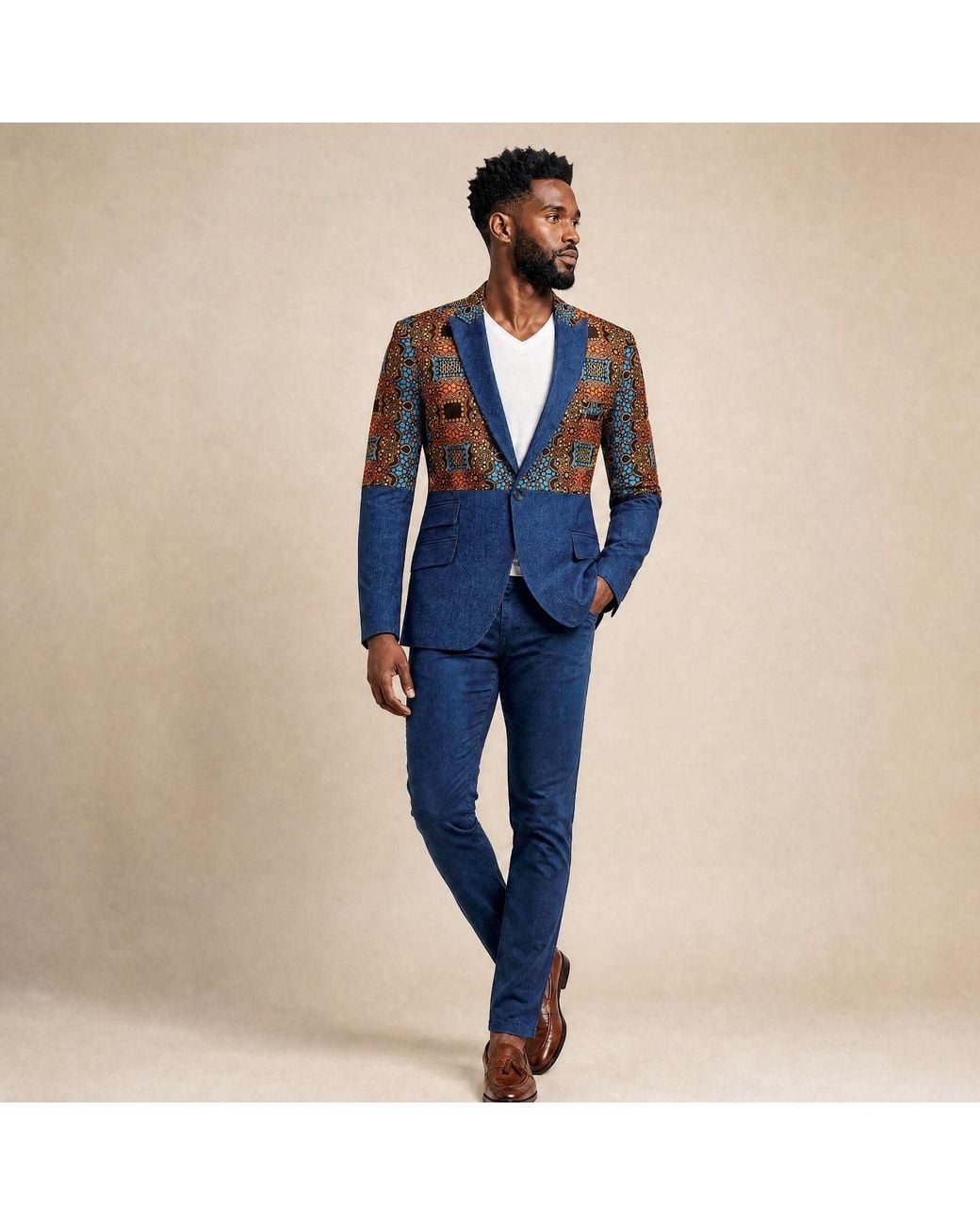Ohema Ohene Blue Denim & African Print Lapel Blazer for men