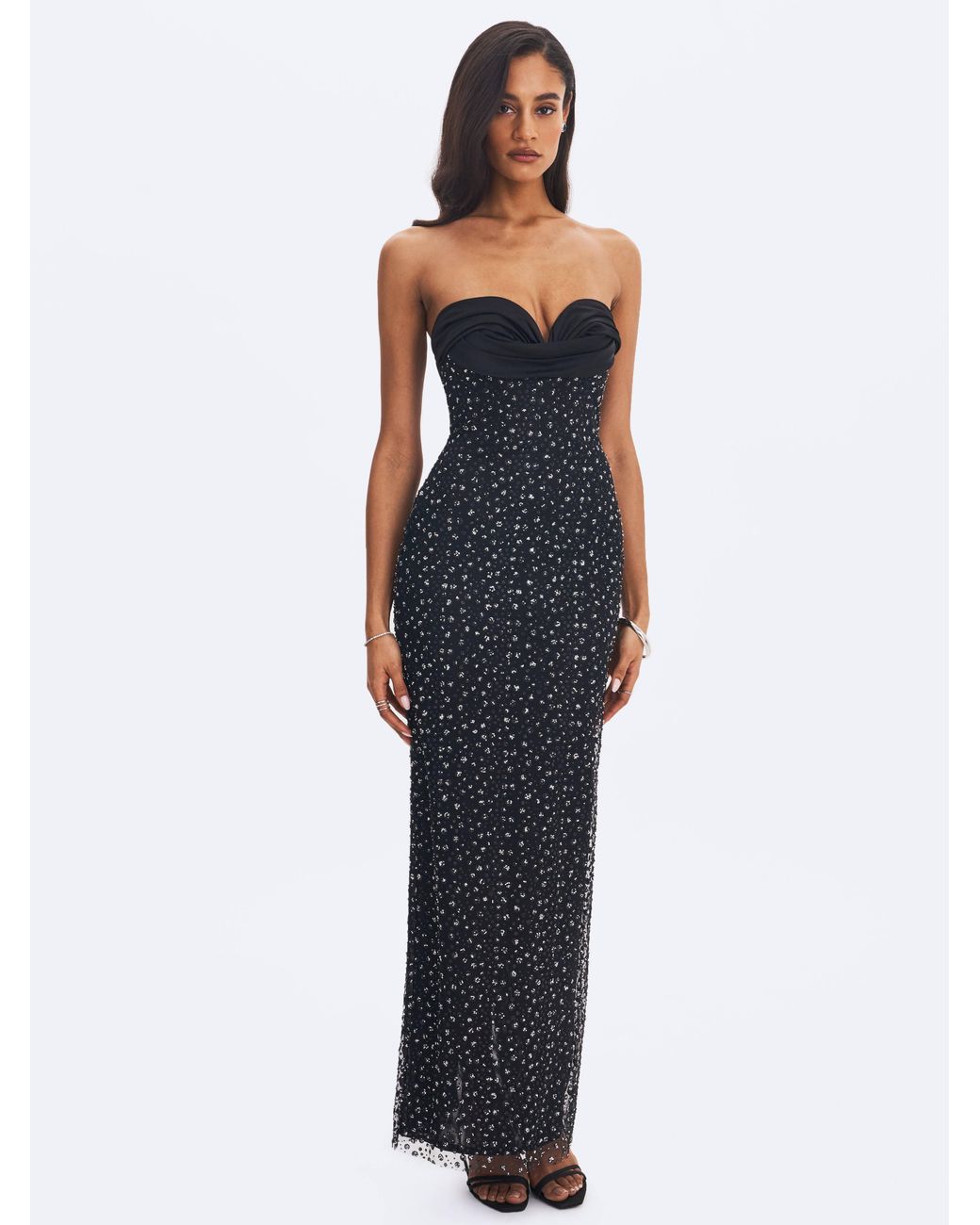 Miss Circle New York Black Preslie Satin & Crystal Mesh Sheath Maxi Dress