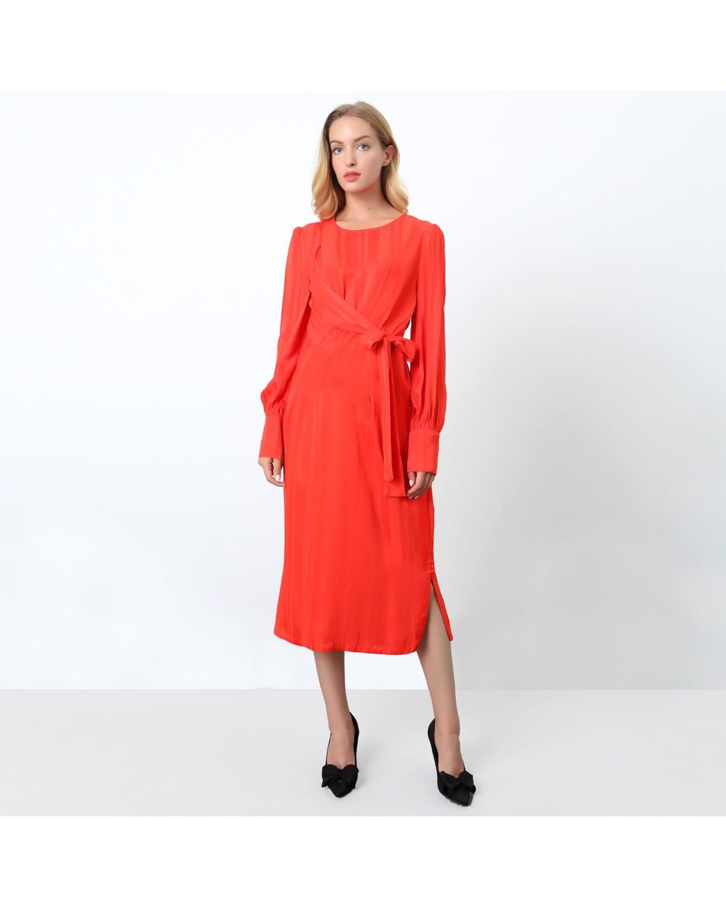 Smart and Joy Red Draped Blouse Dress With Side Bow