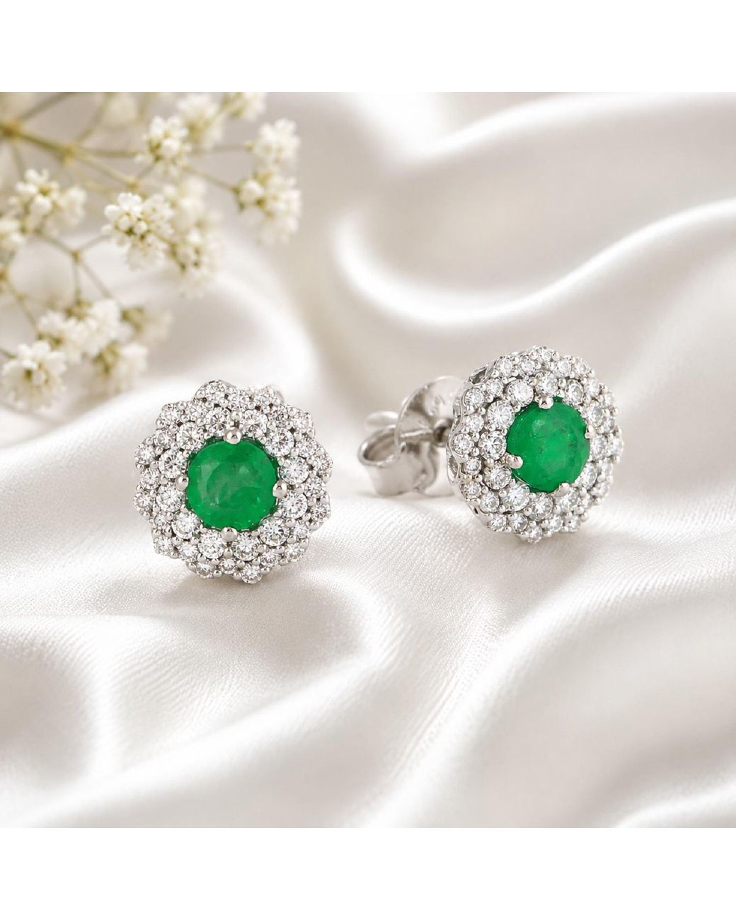 Artisan Multicolor Natural Emerald Pave Diamond Stud Earrings 14k White Gold Jewelry