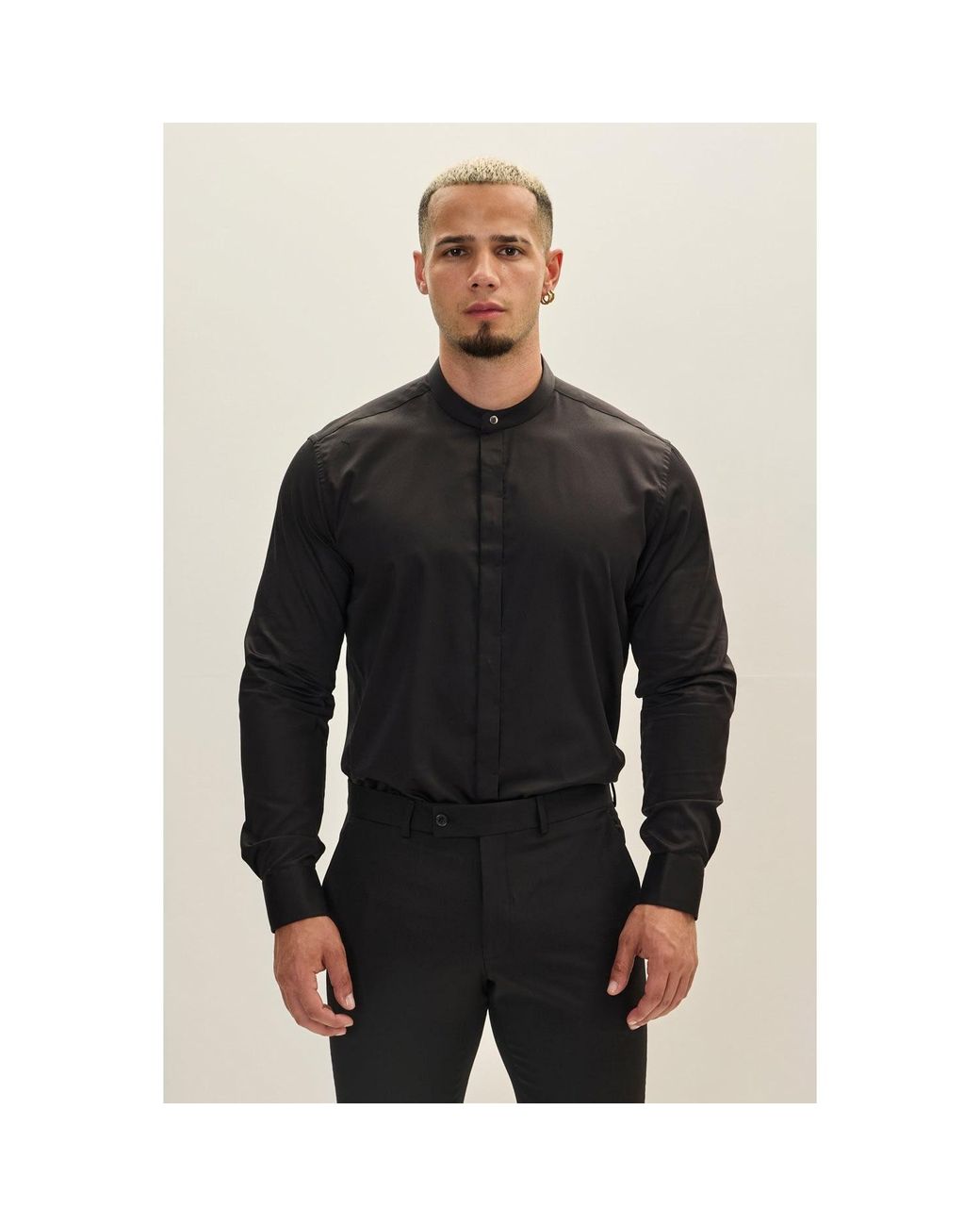 Ron Tomson Black Pure Cotton Band Collar Dress Shirt for men
