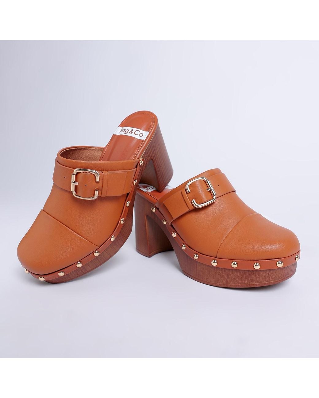 Rag & Co Brown Septim Genuine Leather Studded Clog Heels