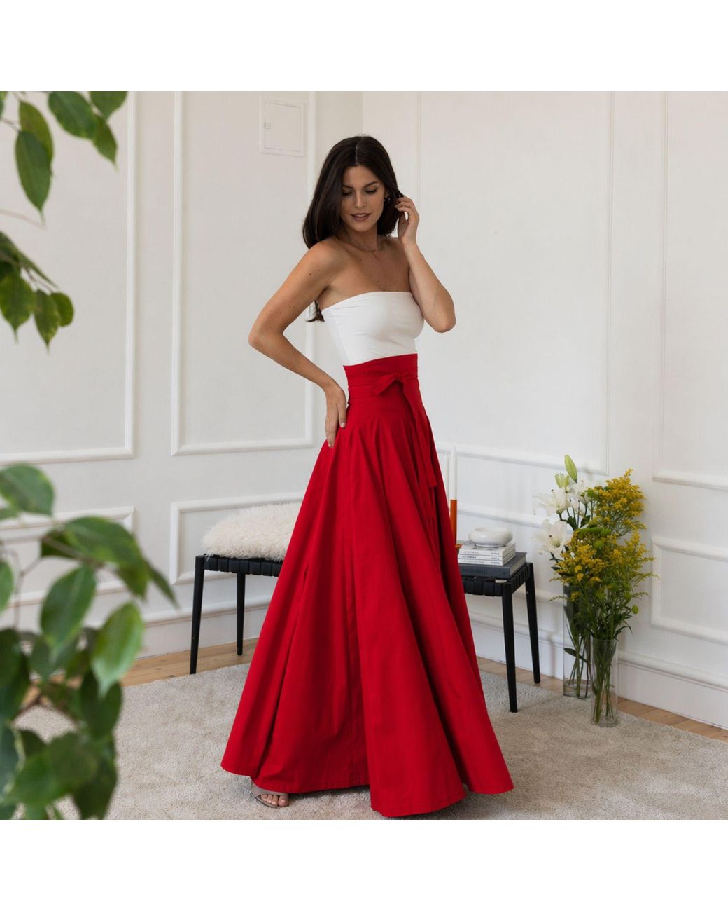 Nikka Place Red Long Cotton High Waist Skirt