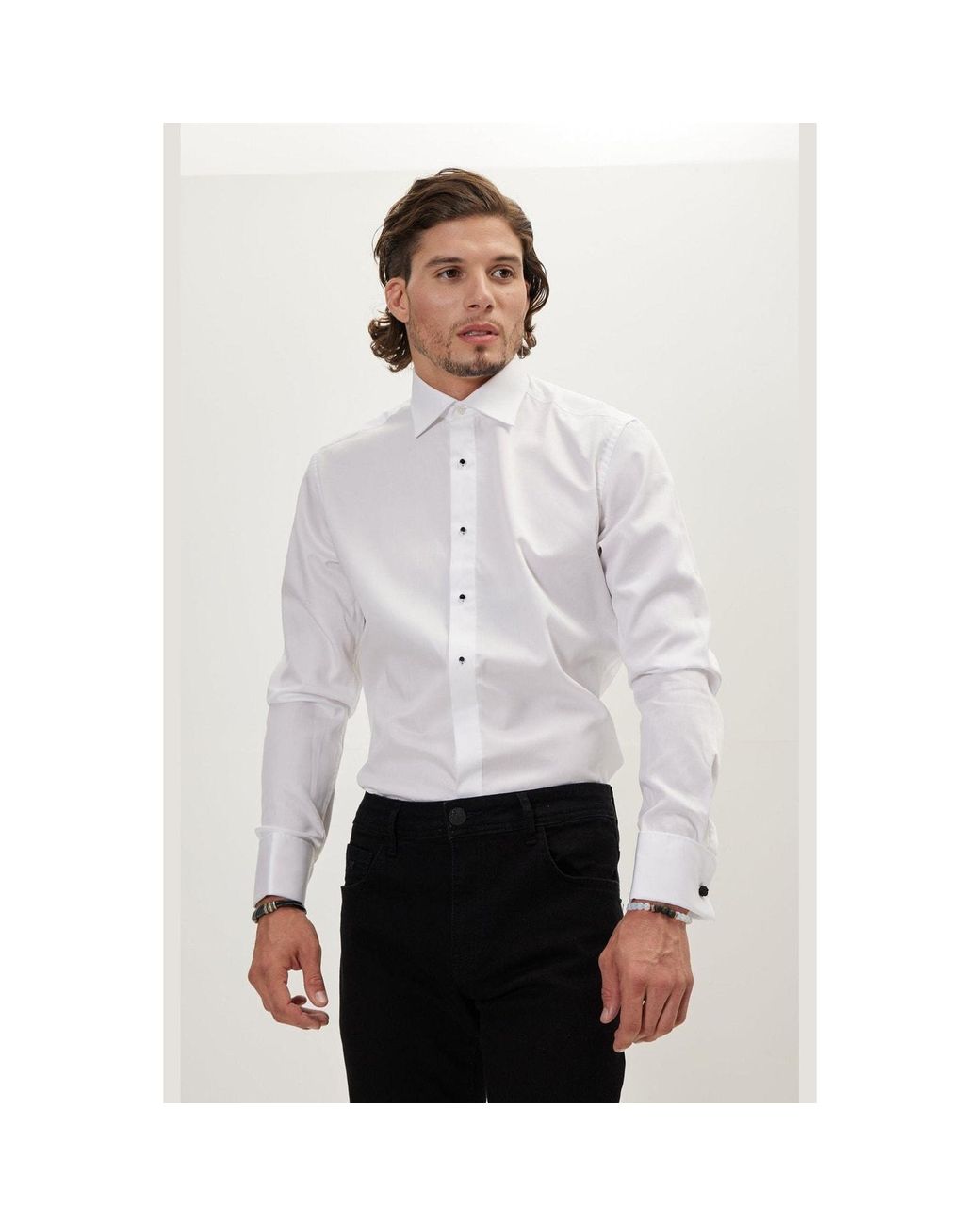 Ron Tomson White Pure Cotton Classic Collar Stud Button French Cuff Tuxedo Shirt for men
