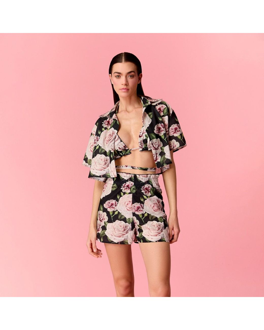 Nur Karaata Black Bloom Short Shirt Set