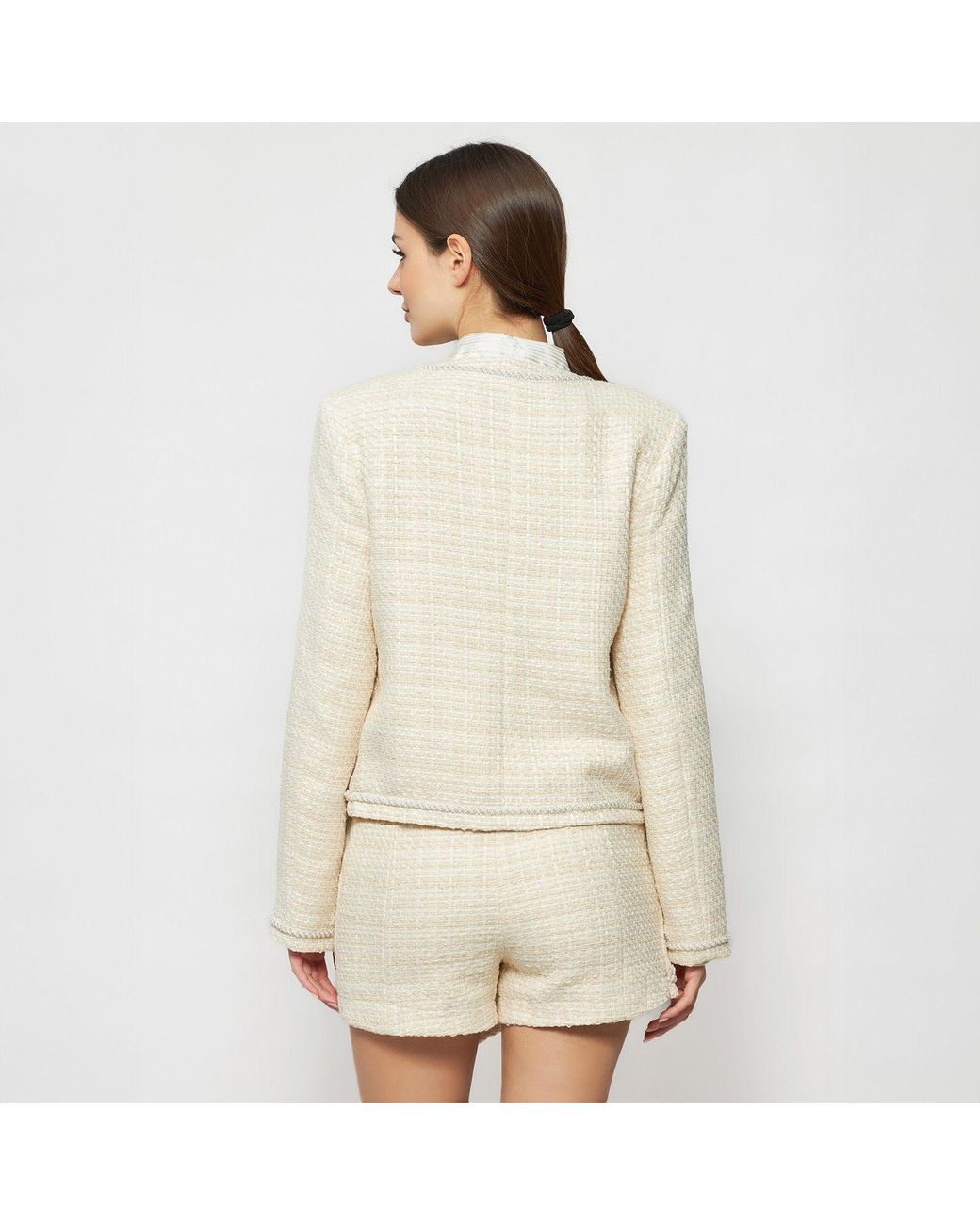 Solgo Atelier White Neutrals Pogonia Crop Tweed Bouclé Jacket With Beaded Trim