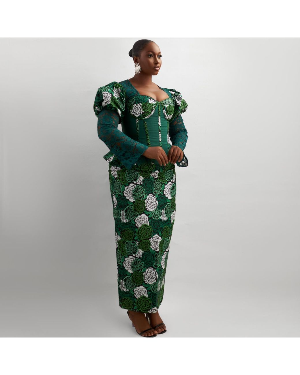 Spring Stitches Green Niniola Cotton Corset Top, Maxi Skirt & Head-Wrap Set