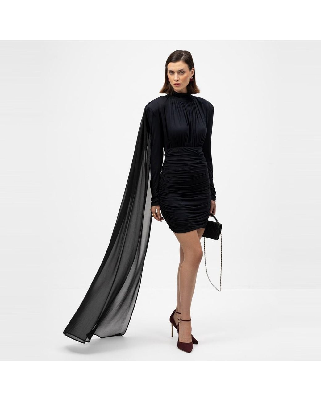 Mandragora Black Mini Dress With Ruched Skirt And Scarf Roa