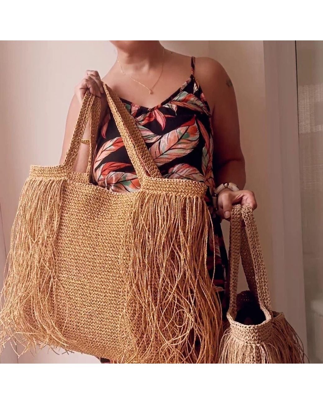 Springmoonatelier Brown Crocheted Raffia Beach Large Straw Boho Bag