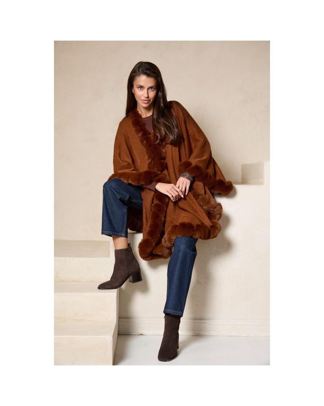Saachi Brown Faux Fur Cape Rust Kimono