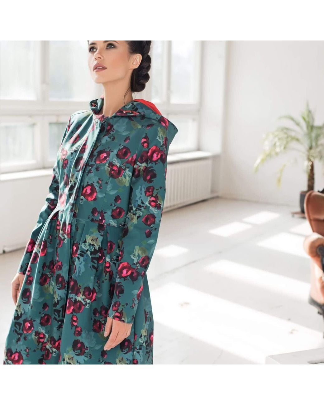 RainSisters Blue Emerald Green Waterproof Coat With Roses: Rosalie