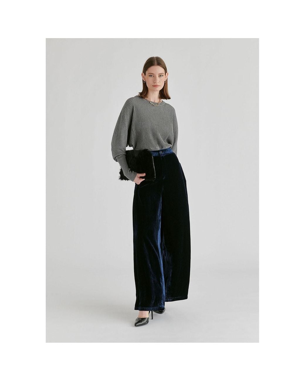 Paisie Blue Velvet Wide-Leg Trousers With Separate Elastic Ankle Bands