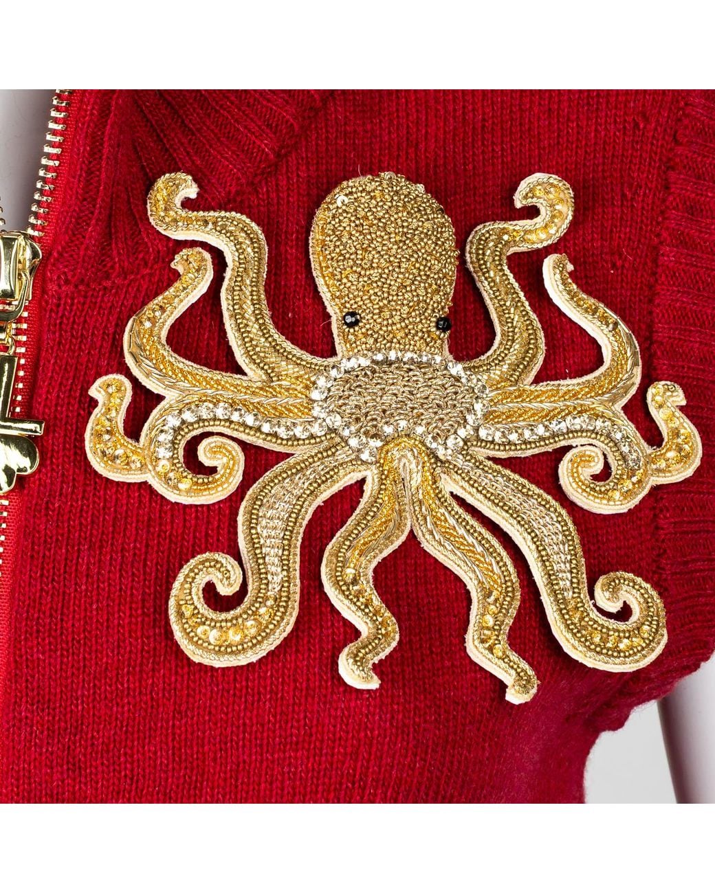House of Laines London Red Cashmere-Wool Gilet With Hand-Embellished Octopus Brooch