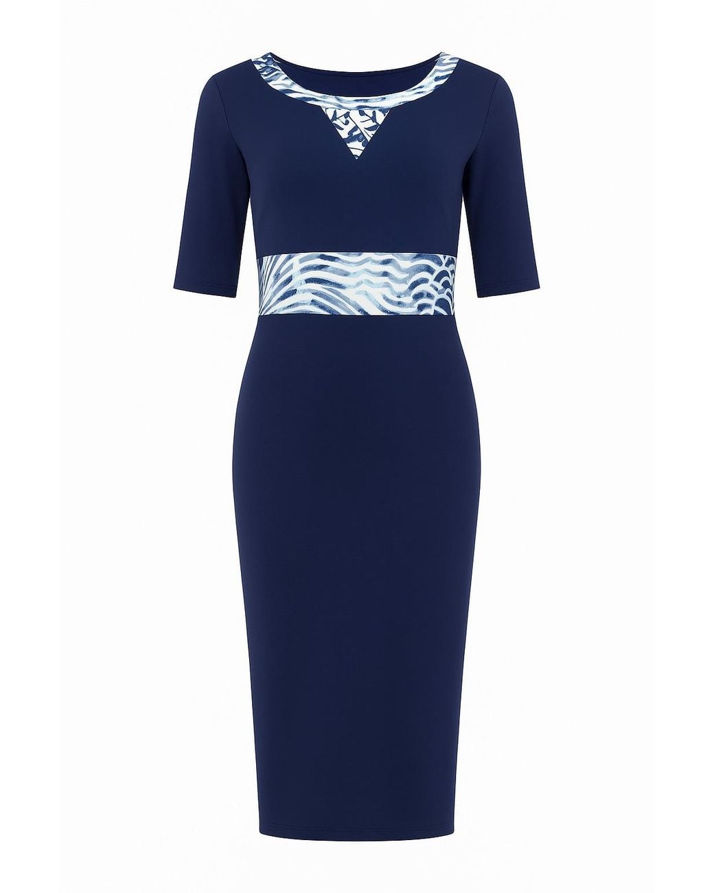 Conquista Blue Viscose-Elastane Jersey Midi Dress With Patterned Waistband