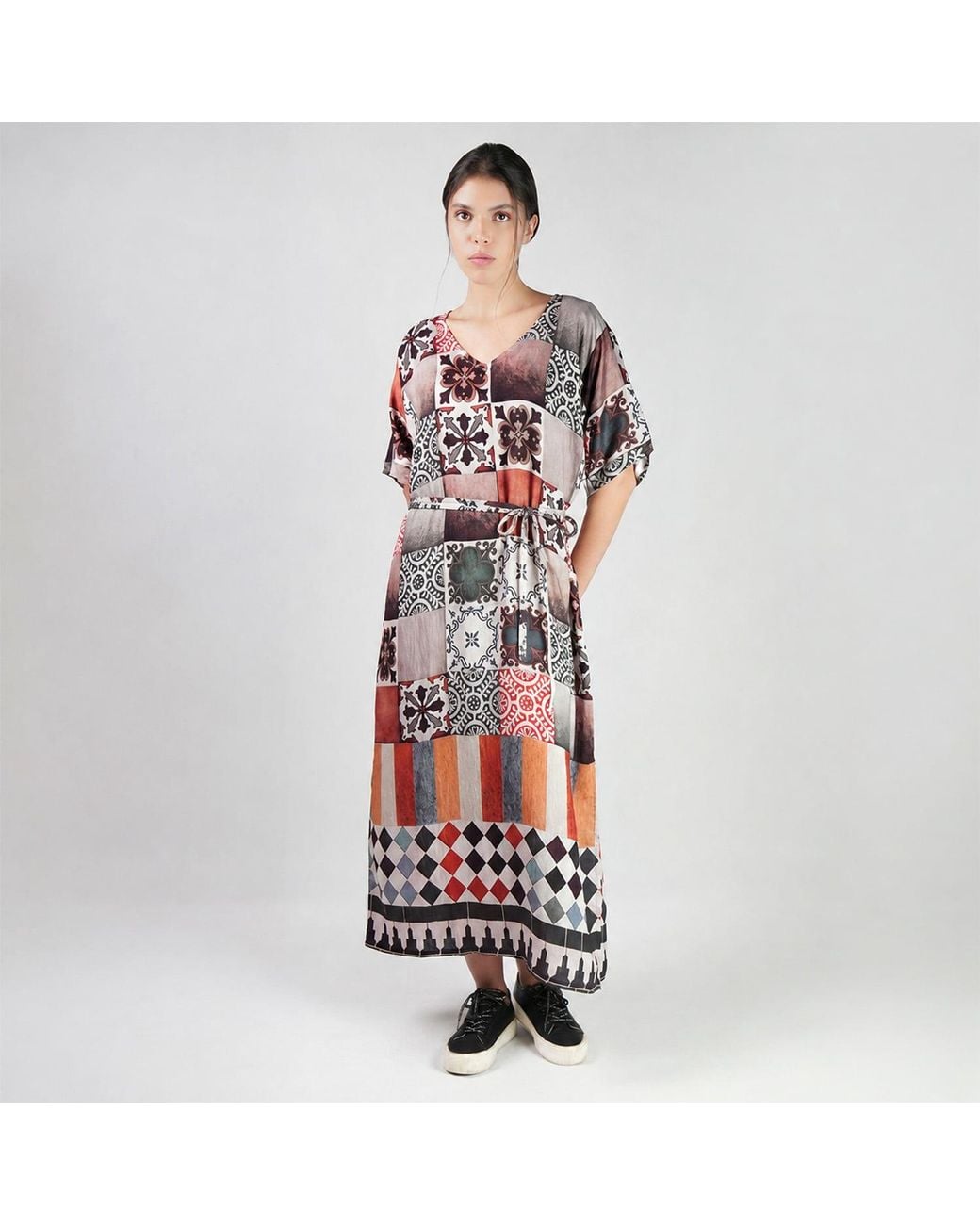 DHARA SHETH DUBAI Brown Celestial Tesserae Mosaic Print Long Cotton Kaftan Dress