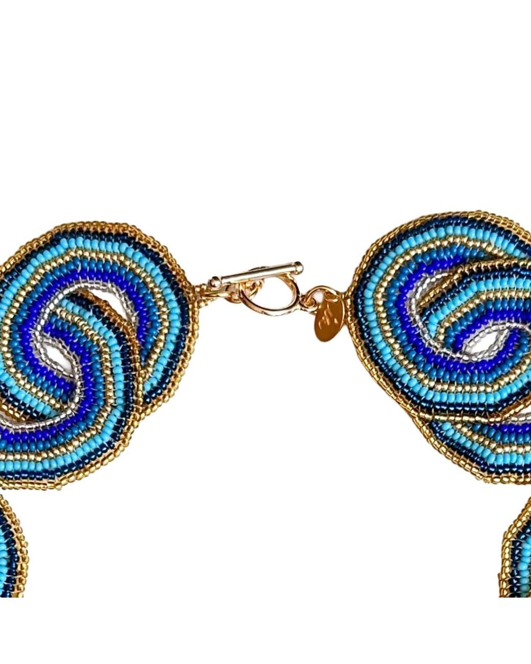 Iliana Arrazola Blue Crisscrossed Circle Necklace, Glass Beads, Beaded Jewelry