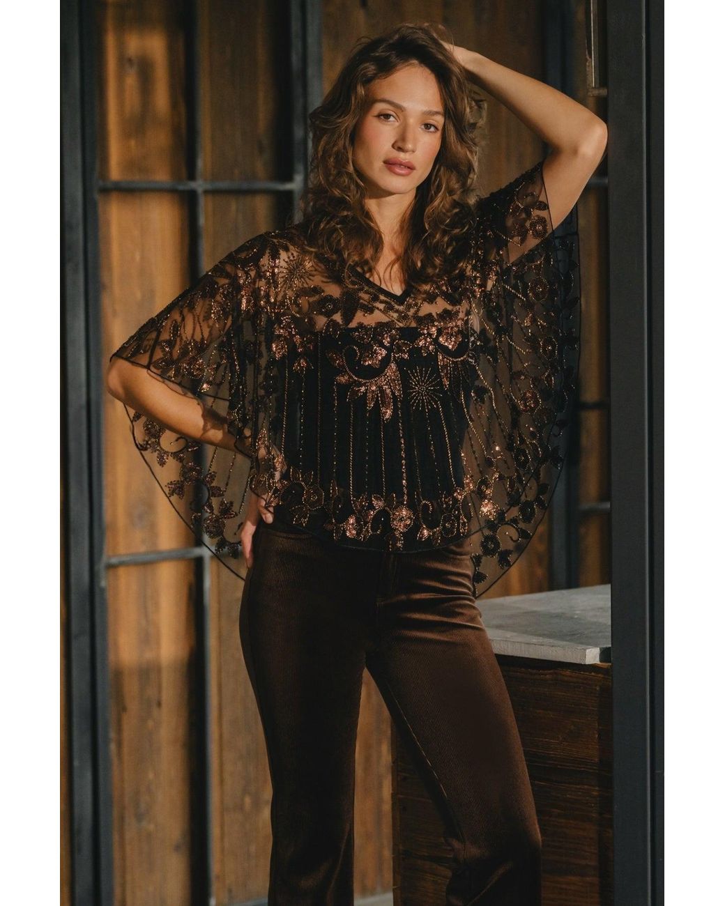 Traffic People Black Rose Talitha's Dream Sheer Bronze Beaded Sequin Poncho Top