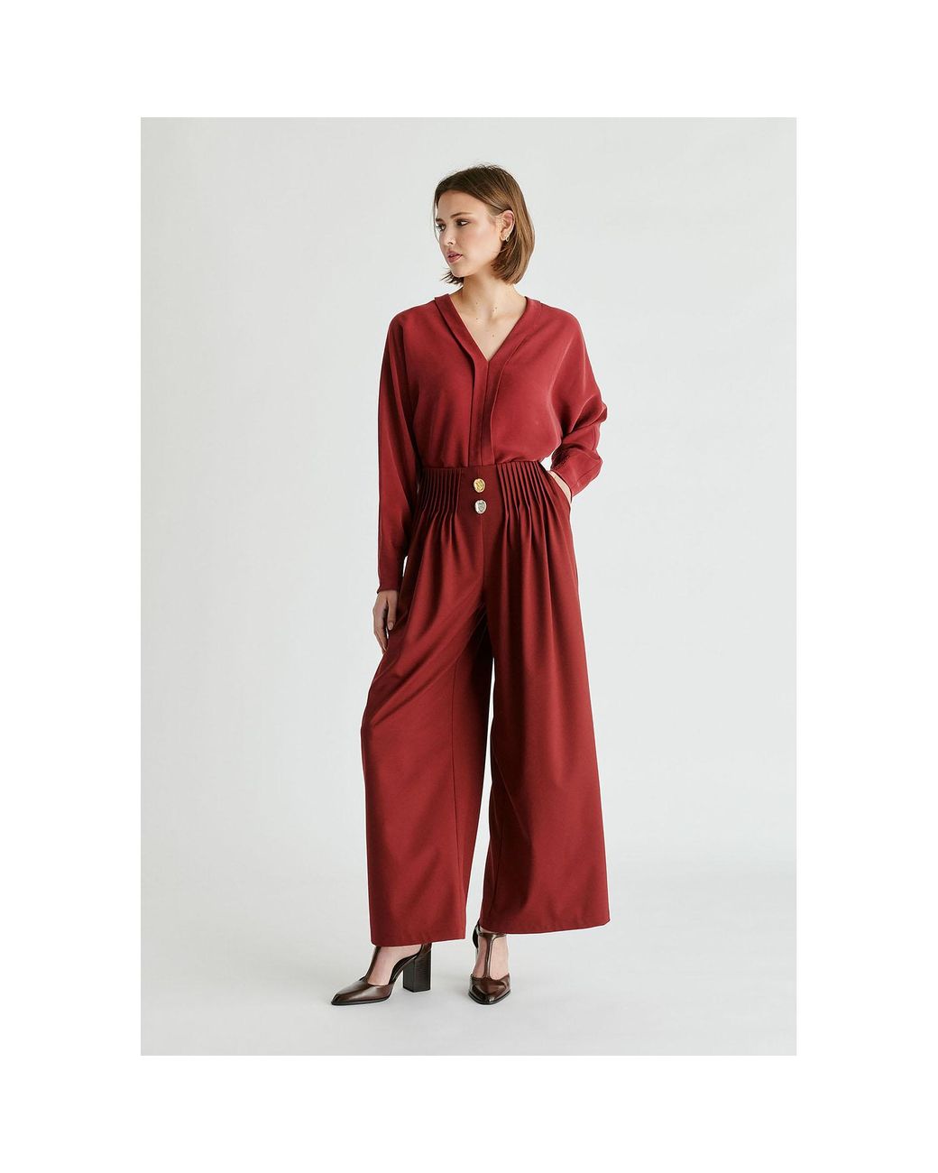 Paisie Red Wide Leg Trousers With Pleated Waist Detail