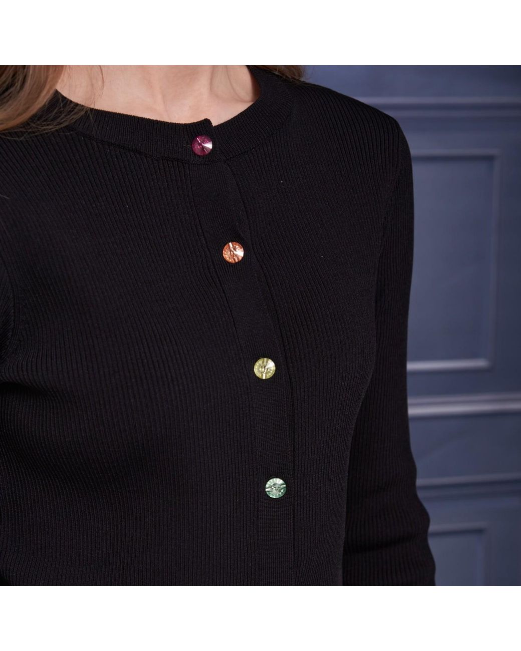Roch Perel Black Coloured Crystal Button Cardigan