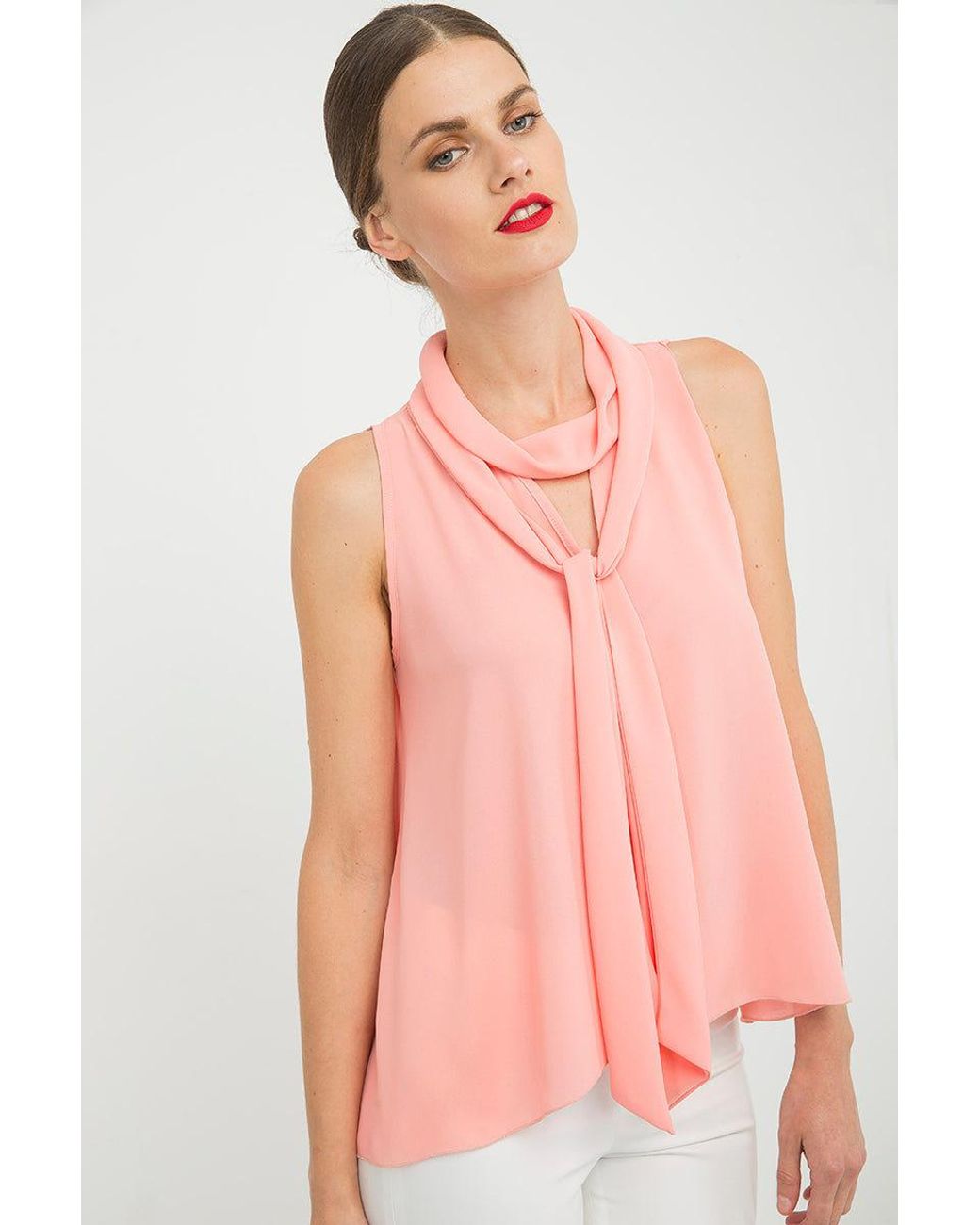 Conquista Pink Peach Sleeveless Top With Tie Neck