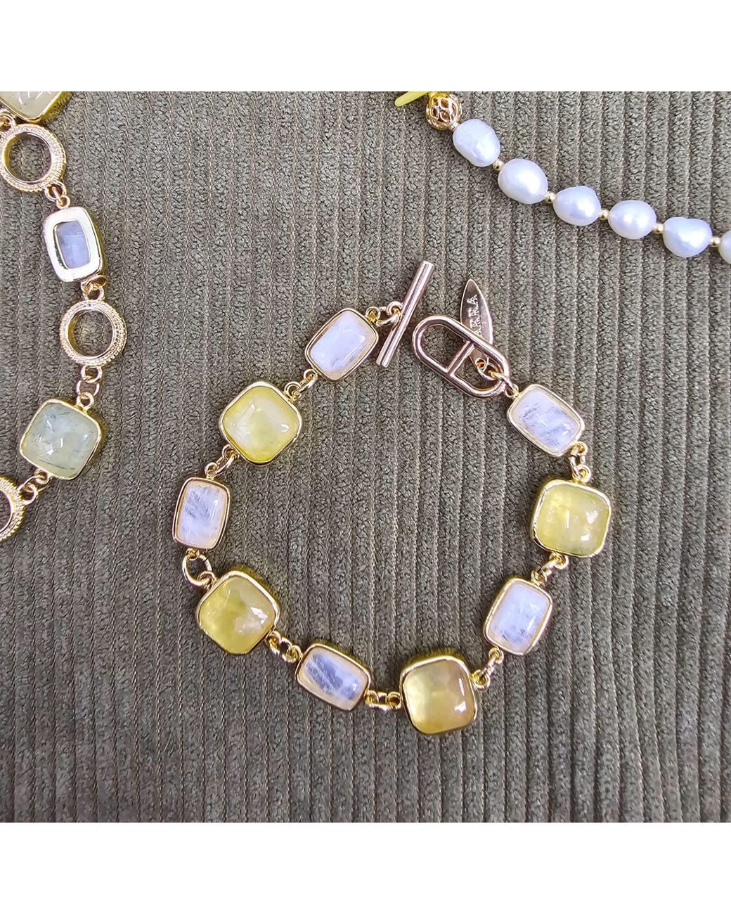 Farra Metallic Prehnite And Noonstone Charms Bracelet