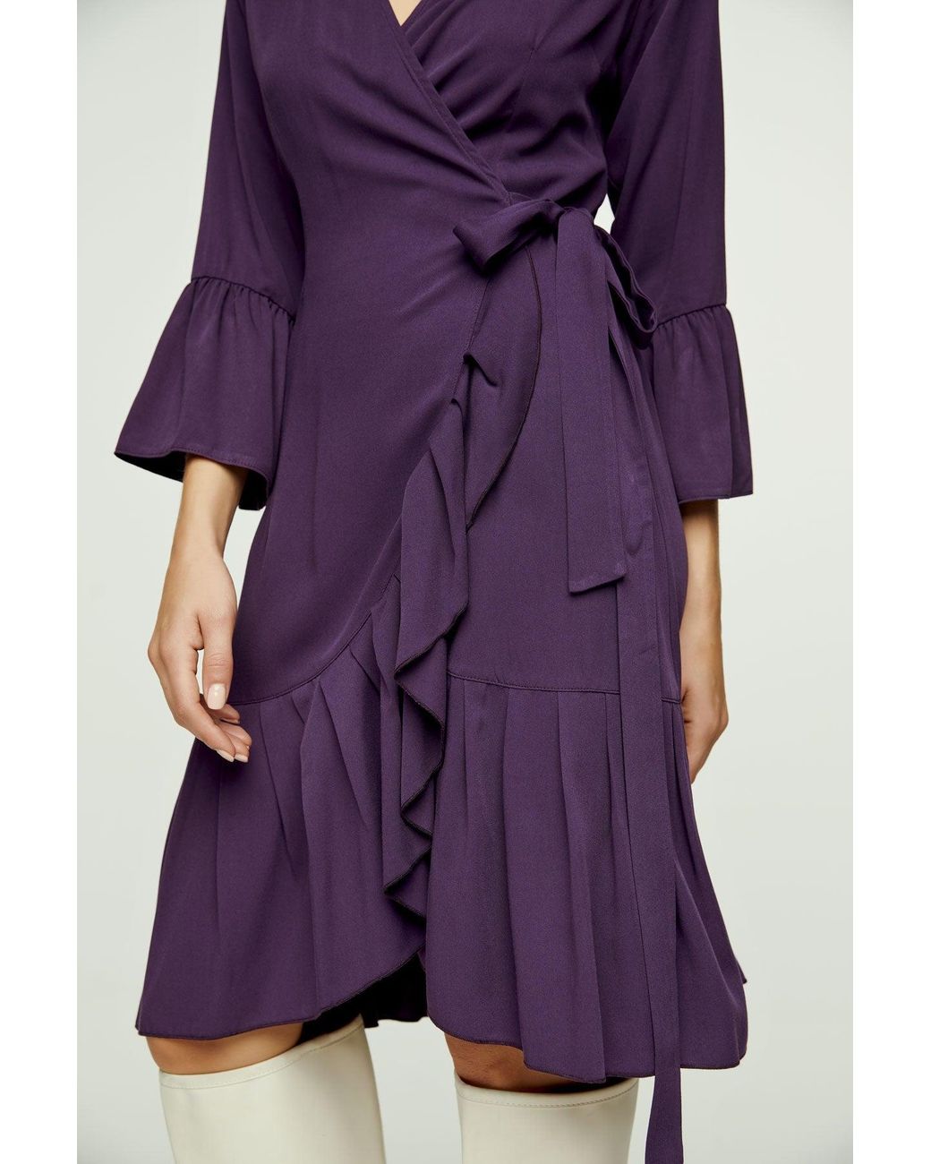 Conquista Purple Aubergine Wrap Dress Viscose With Bell Sleeves