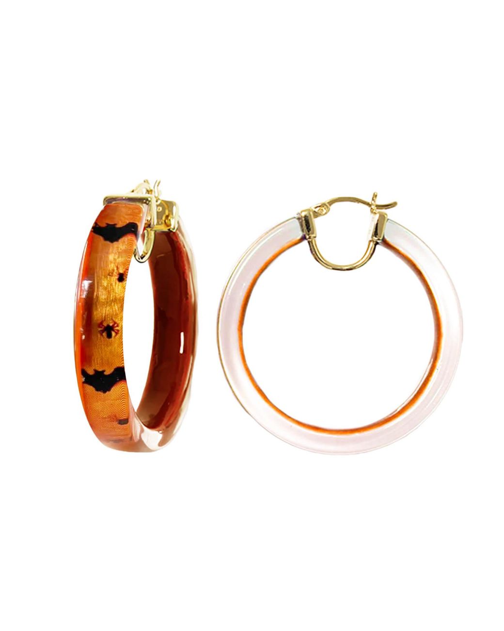 Gold & Honey White Spiders And Bats Hoop Earrings