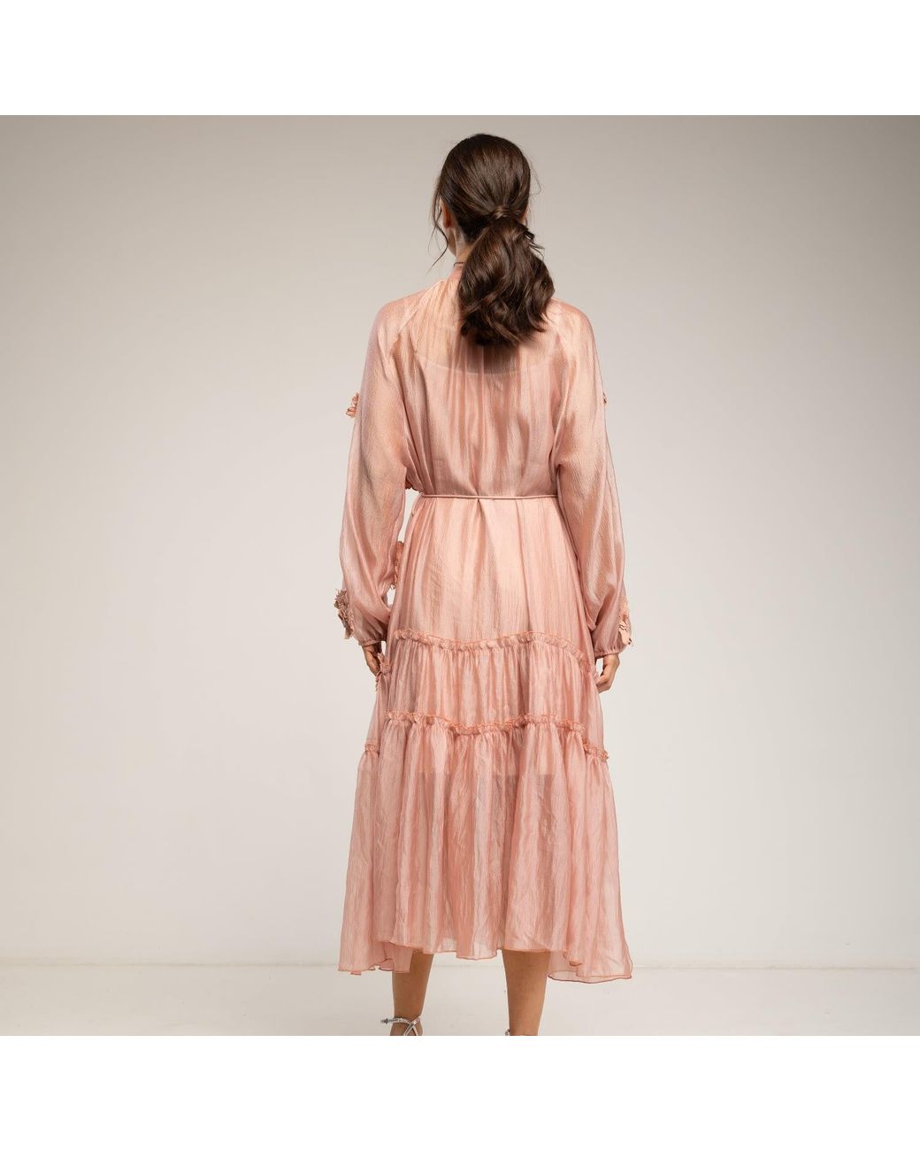 Tantra Spain Sl Pink Semi-Transparent Dress With Buttons, Floral Details, And Ruffles. Belt And Lining Sold Separately