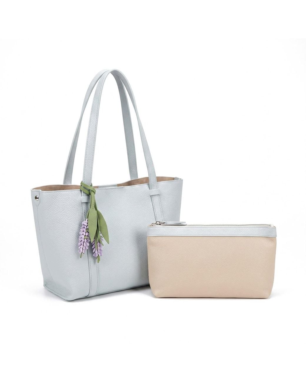 Modenaire Blue Pebbled Leather Tote Bag With Removable Pouch And Charm