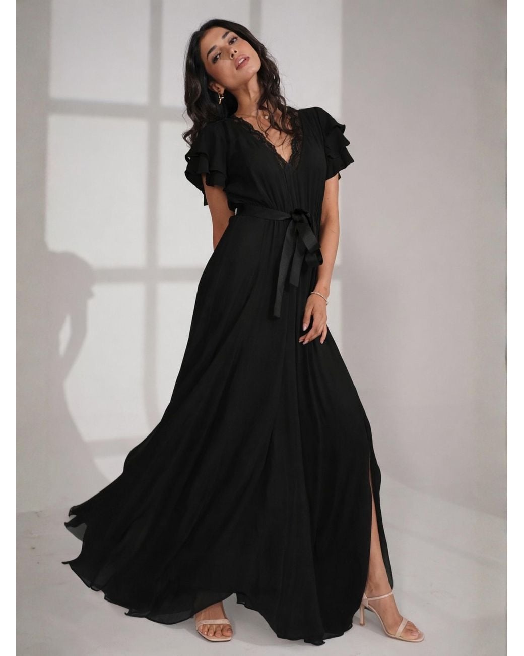 Rose & Nancy Black Chloe Lace Detail Tie Waist Maxi Dress