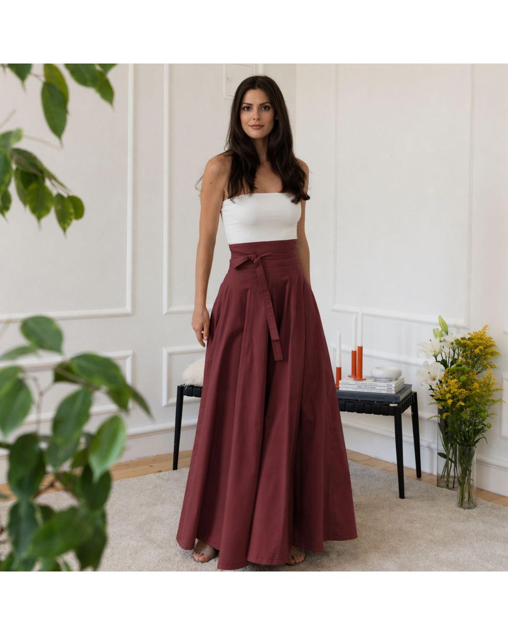 Nikka Place Red Summer Cocktail Maxi Cotton Skirt With High Waist