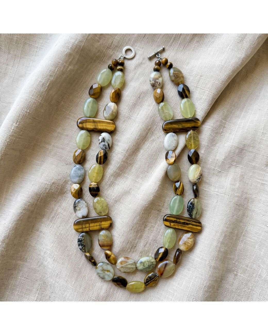 Saéa Metallic Vintage Tiger's Eye Prehnite And Jade Two-Strand Necklace
