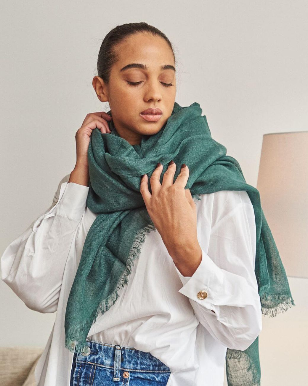 Variously Green Moss Dark Soft Linen Silk Handwoven Artisanal Scarf