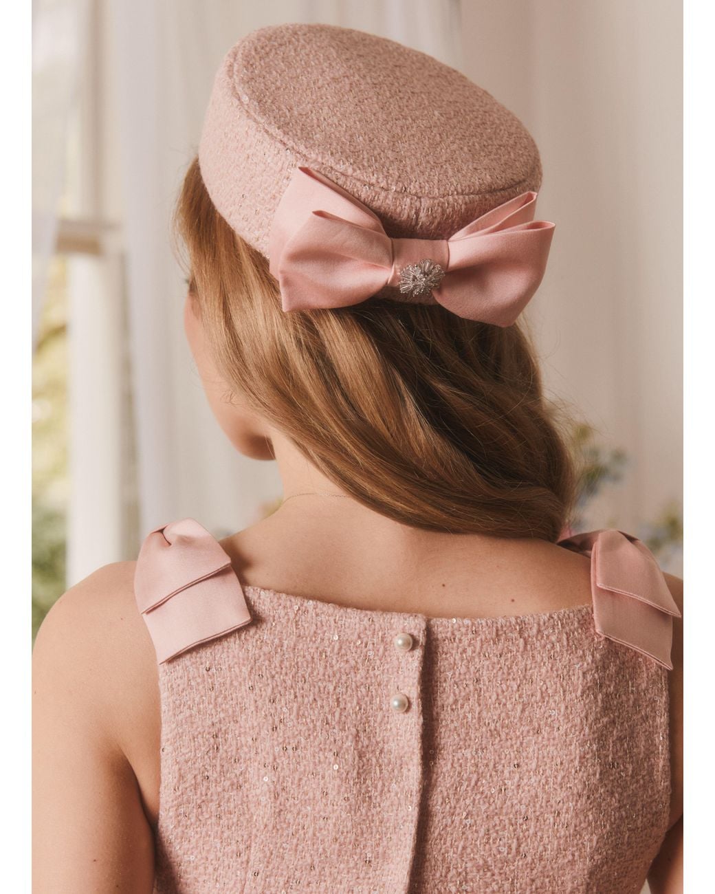 Santinni Pink 'Amour' Woollen Tweed Pillbox Hat With Silk Bow Rosa